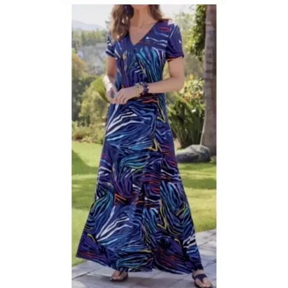Soft Surroundings PXS Petite Extra‎ Small "Maribaya" Maxi Dress Blue Print Knit - Picture 1 of 14